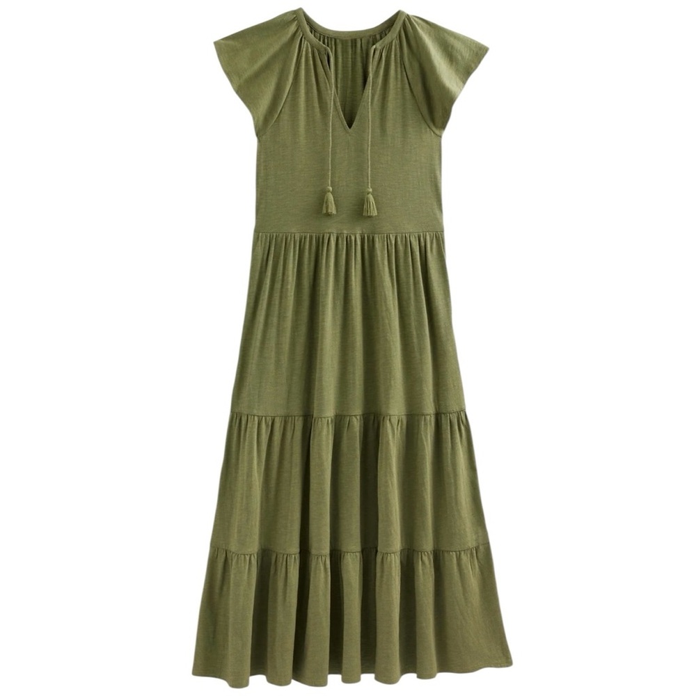 Olive Green Tiered Maxi Dress with Tassel Tie